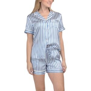 Petite Plume Silk Pajama Short Set in Azure Stripe XL
